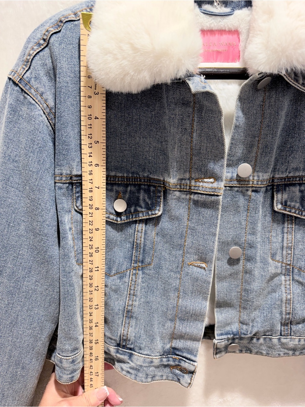 Azalea Wang Faux Fur Lined Cropped Denim Jacket Sherpa Collar Blue S (CKB091) - Picture 8 of 11